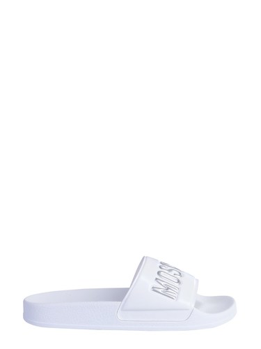 MOSCHINO SLIDE SANDALS WITH SILVER LOGO