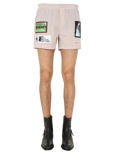 RAF SIMONS COTTON POPLIN BERMUDA WITH CHECK PATTERN AND GRAPHIC PATCHES