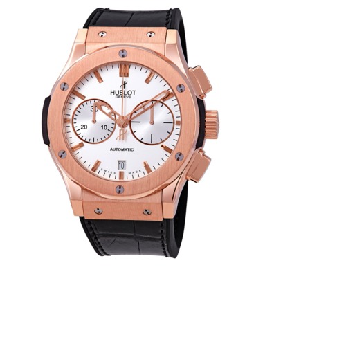 Hublot Classic Fusion Silver Dial Chronograph 18kt Rose Gold Black Leather Mens Watch 521.OX.2610.LR